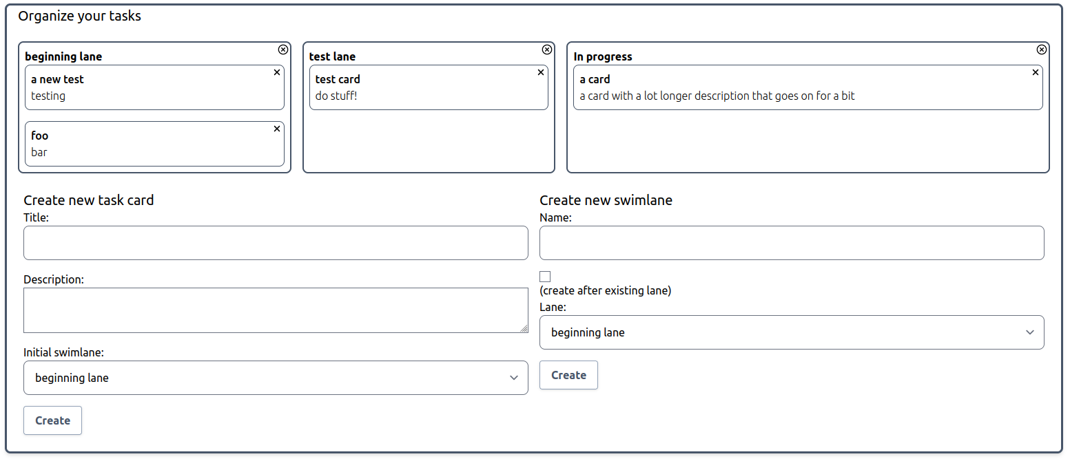 A screenshot of a locally-hosted Kanban board. Features include drag and drop support.
